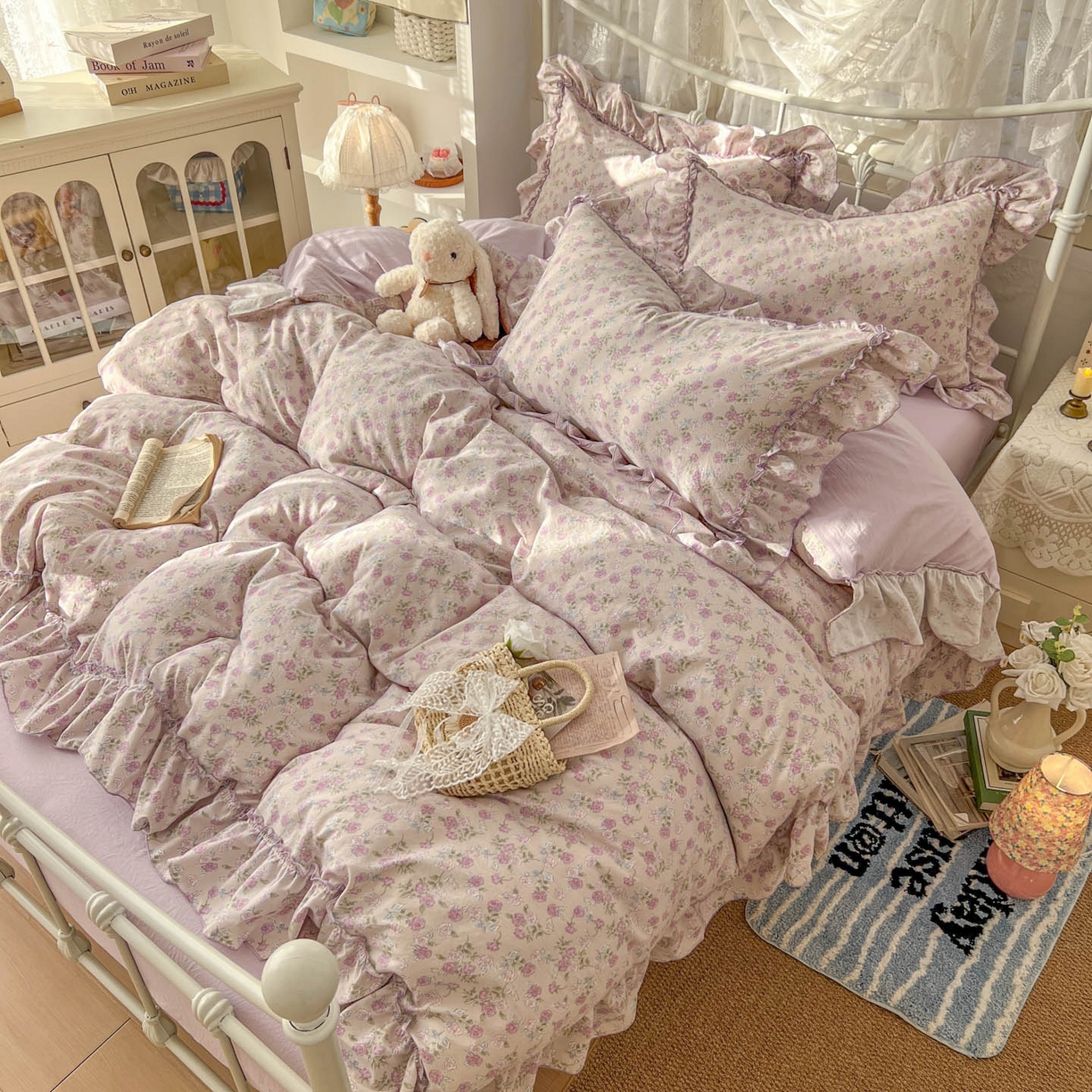 91家纺网 家纺一手货源 找家纺 梵克保罗 2026新款春款古法水洗仿棉云朵棉花边四件套 蔷薇园