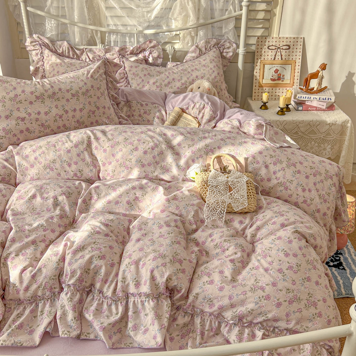 91家纺网 家纺一手货源 找家纺 梵克保罗 2026新款春款古法水洗仿棉云朵棉花边四件套 蔷薇园