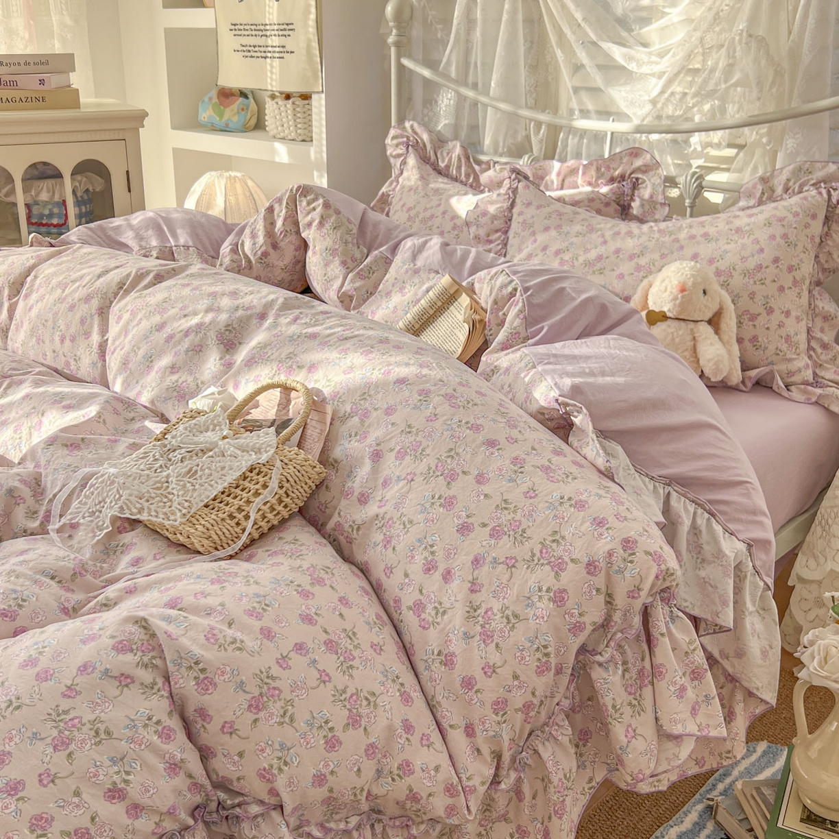 91家纺网 家纺一手货源 找家纺 梵克保罗 2026新款春款古法水洗仿棉云朵棉花边四件套 蔷薇园