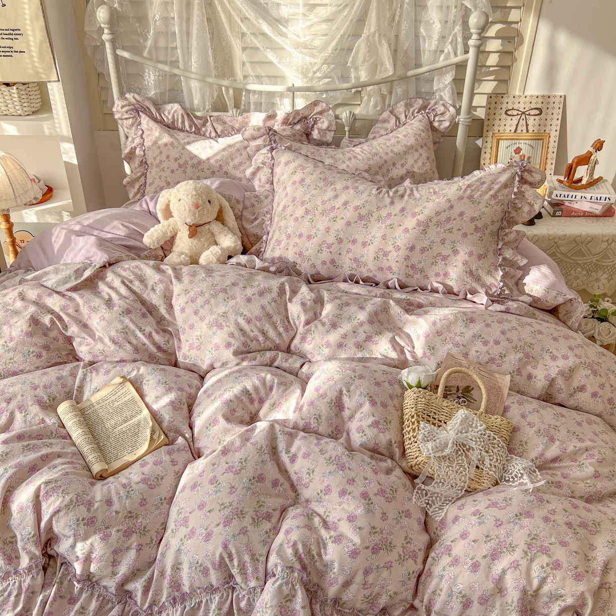 91家纺网 家纺一手货源 找家纺 梵克保罗 2026新款春款古法水洗仿棉云朵棉花边四件套 蔷薇园