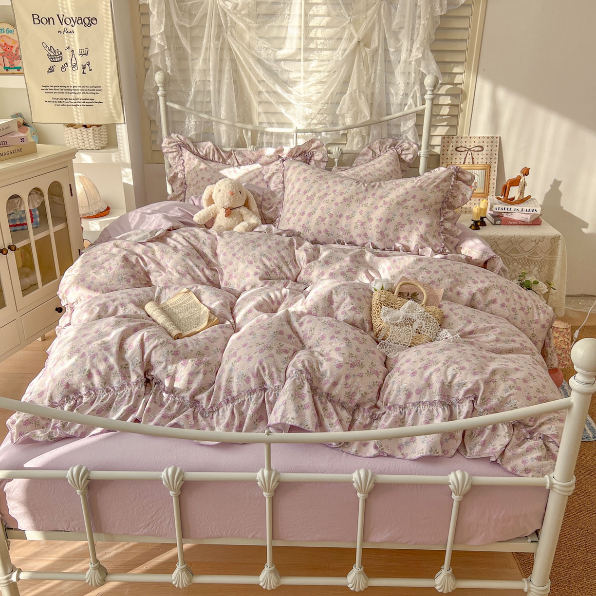 梵克保罗 2026新款春款古法水洗仿棉云朵棉花边四件套 蔷薇园