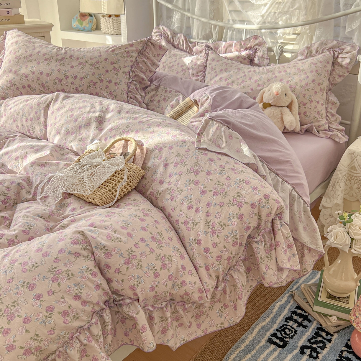 91家纺网 家纺一手货源 找家纺 梵克保罗 2026新款春款古法水洗仿棉云朵棉花边四件套 蔷薇园