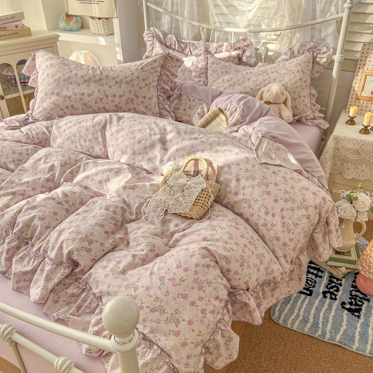 91家纺网 家纺一手货源 找家纺 梵克保罗 2026新款春款古法水洗仿棉云朵棉花边四件套 蔷薇园