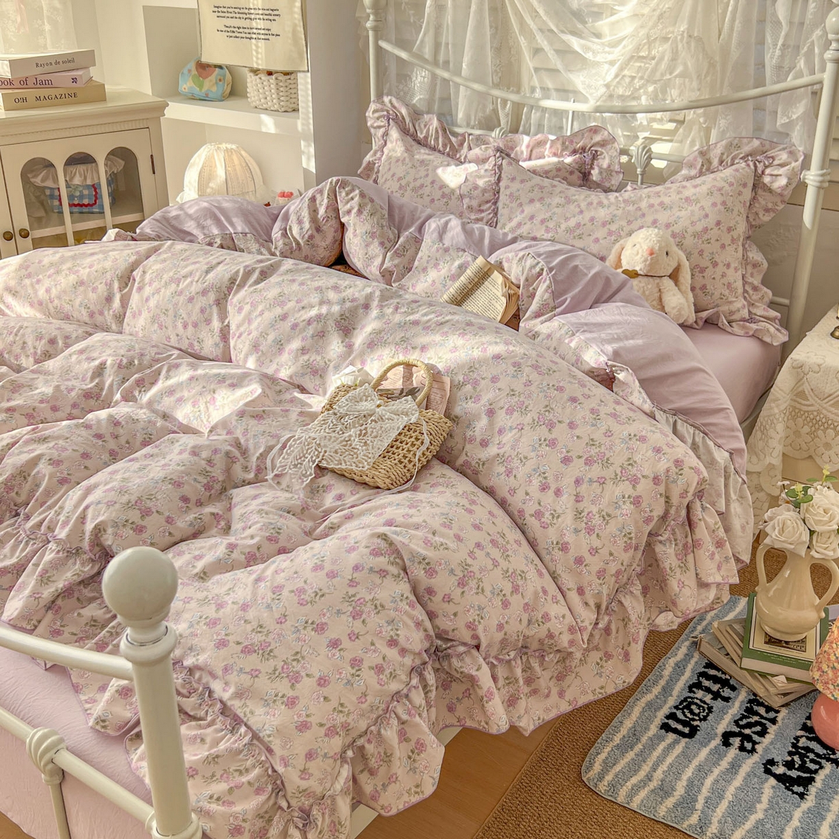 91家纺网 家纺一手货源 找家纺 梵克保罗 2026新款春款古法水洗仿棉云朵棉花边四件套 蔷薇园