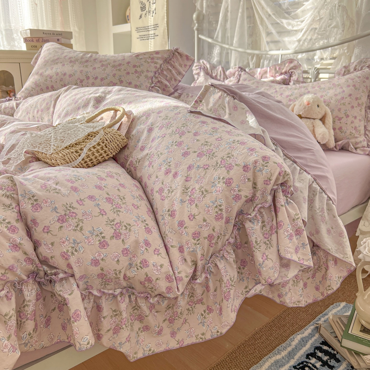 91家纺网 家纺一手货源 找家纺 梵克保罗 2026新款春款古法水洗仿棉云朵棉花边四件套 蔷薇园