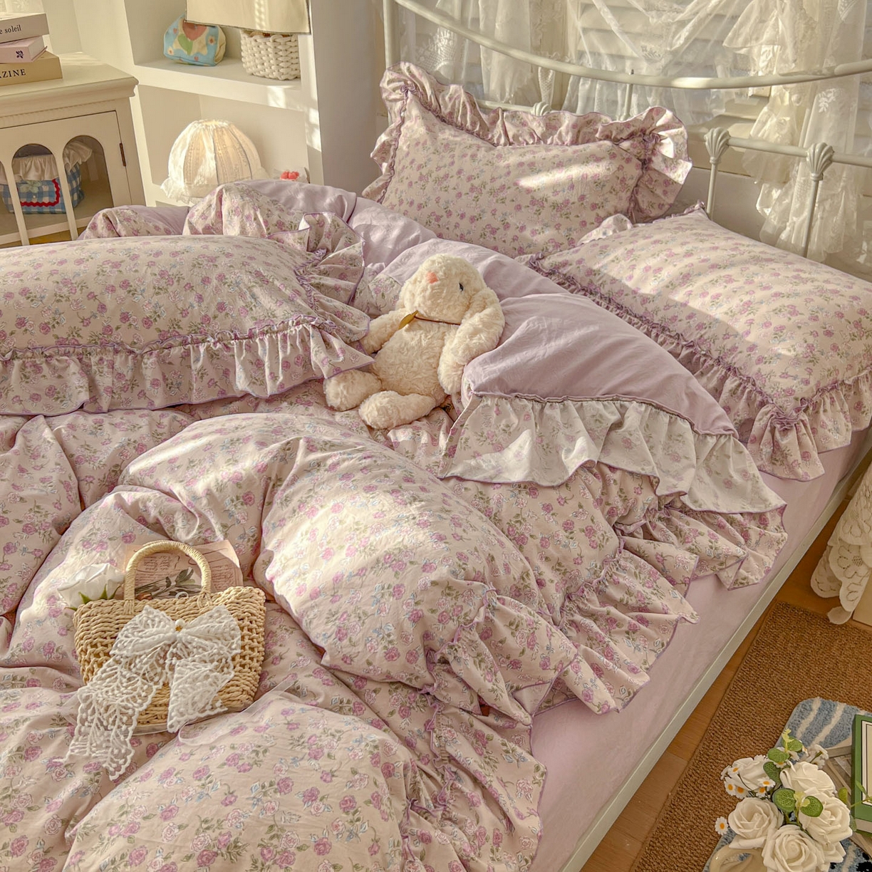 91家纺网 家纺一手货源 找家纺 梵克保罗 2026新款春款古法水洗仿棉云朵棉花边四件套 蔷薇园