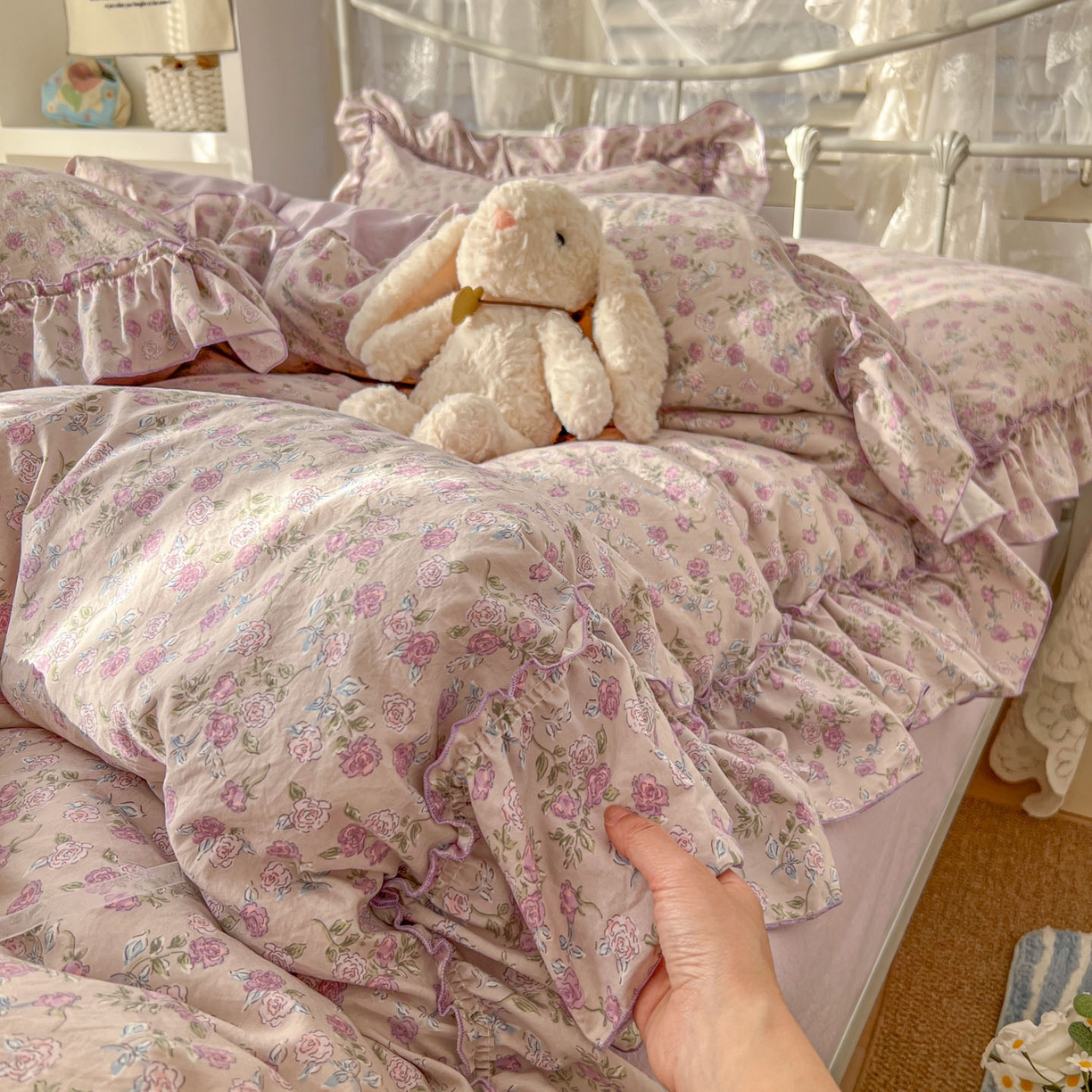 91家纺网 家纺一手货源 找家纺 梵克保罗 2026新款春款古法水洗仿棉云朵棉花边四件套 蔷薇园