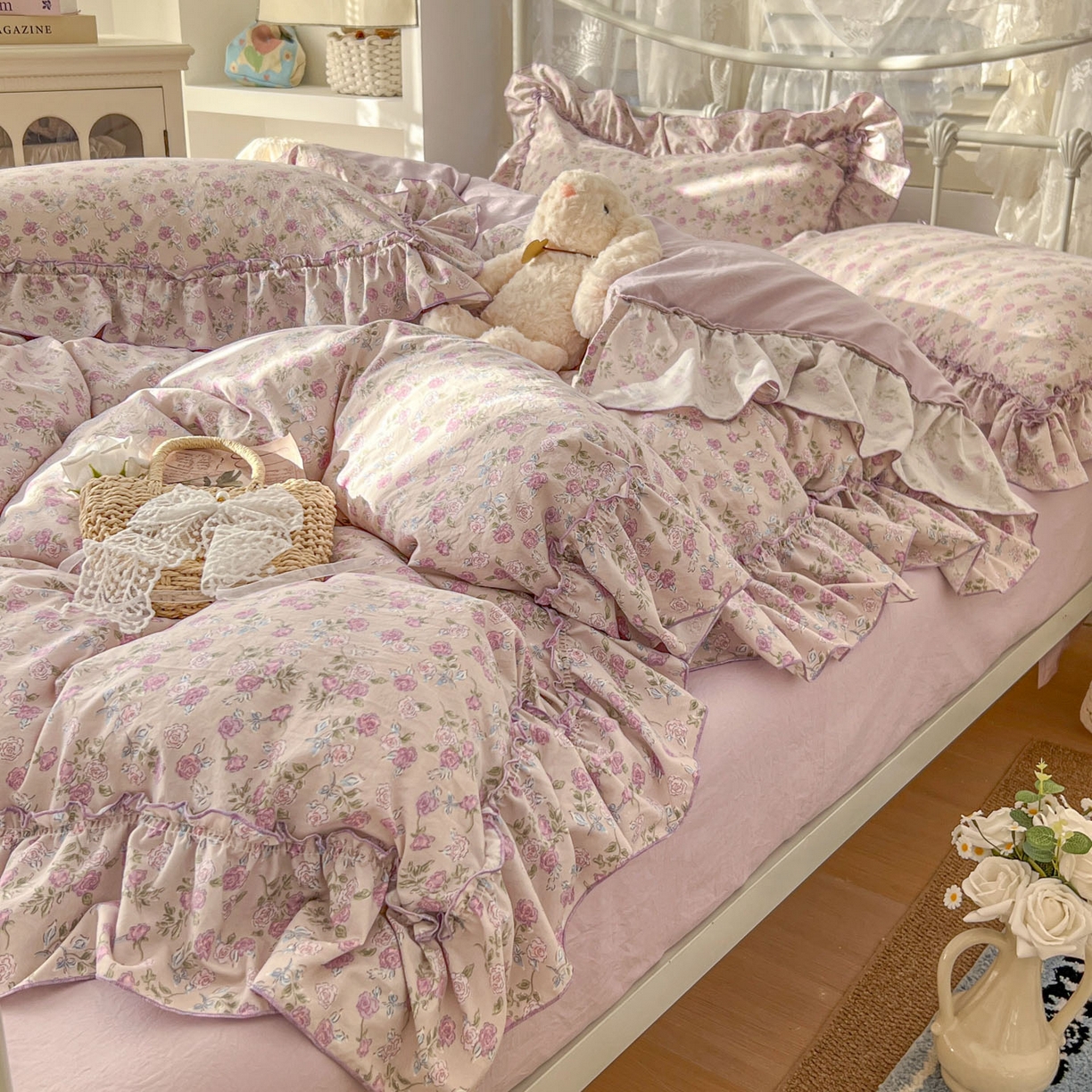 91家纺网 家纺一手货源 找家纺 梵克保罗 2026新款春款古法水洗仿棉云朵棉花边四件套 蔷薇园