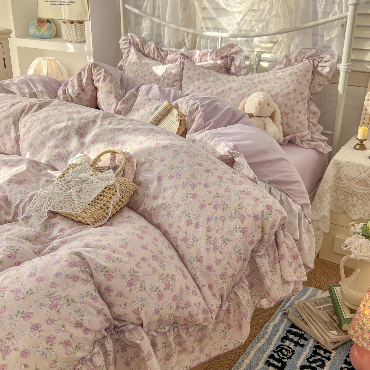 91家纺网 家纺一手货源 找家纺 梵克保罗 2026新款春款古法水洗仿棉云朵棉花边四件套 蔷薇园