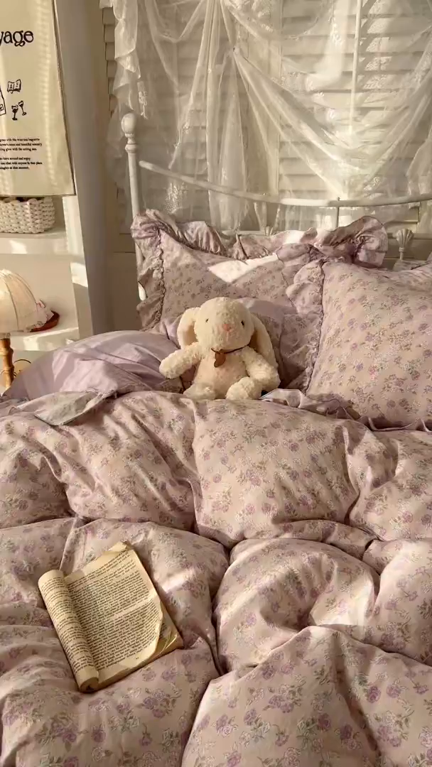 91家纺网 家纺一手货源 找家纺 梵克保罗 2026新款春款古法水洗仿棉云朵棉花边四件套 蔷薇园