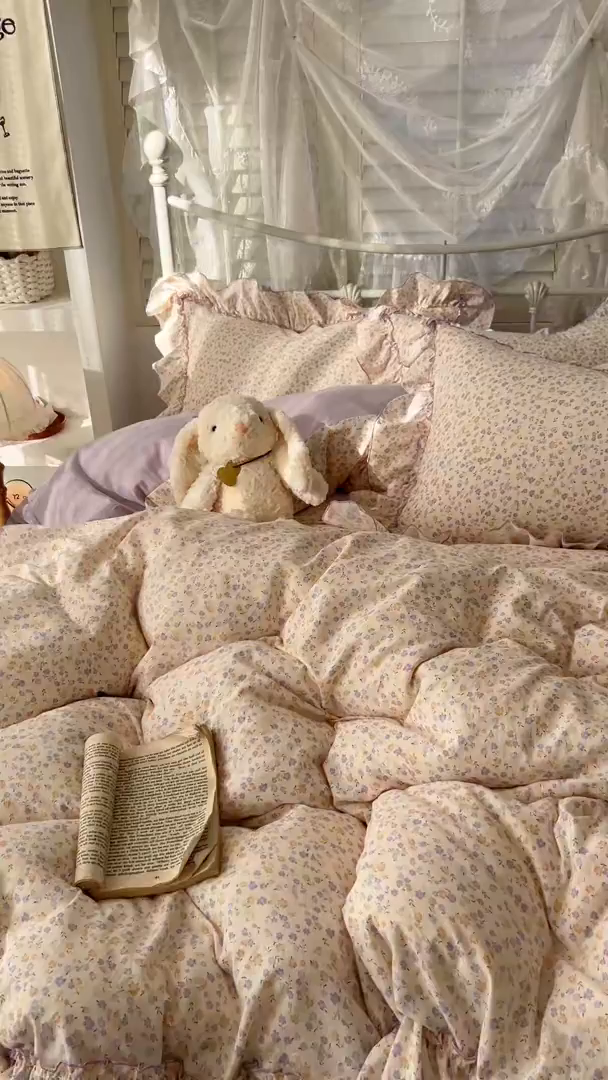 91家纺网 家纺一手货源 找家纺 梵克保罗 2026新款春款古法水洗仿棉云朵棉花边四件套 小碎花