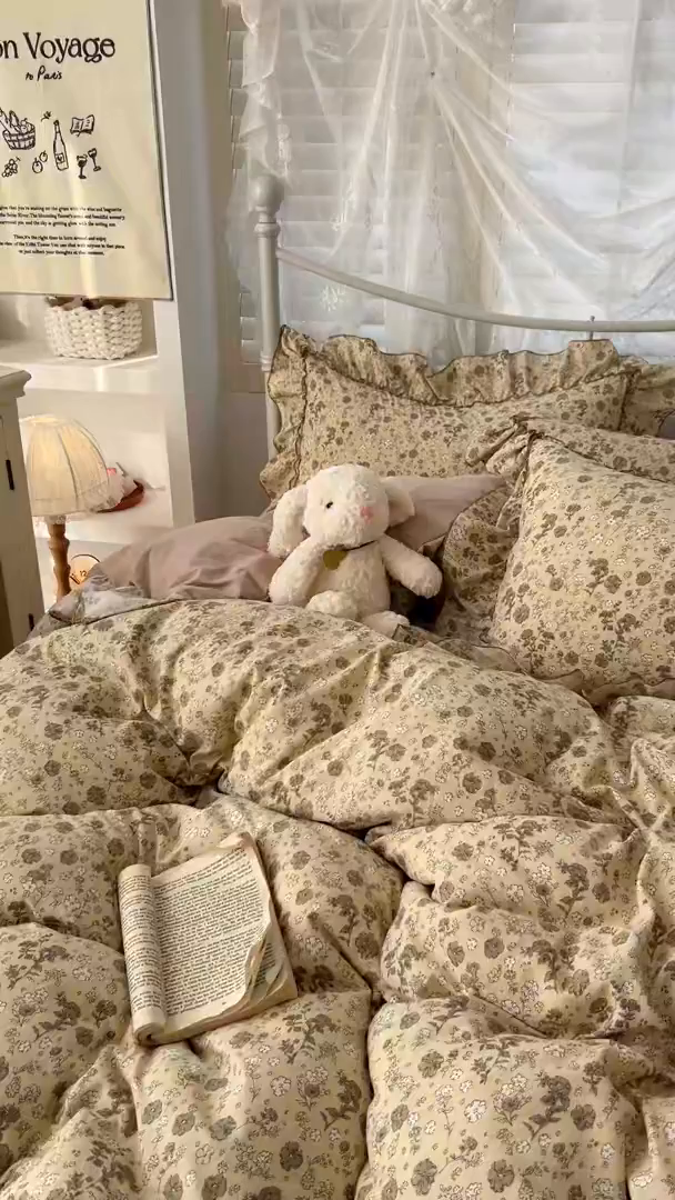 91家纺网 家纺一手货源 找家纺 梵克保罗 2026新款春款古法水洗仿棉云朵棉花边四件套 花影