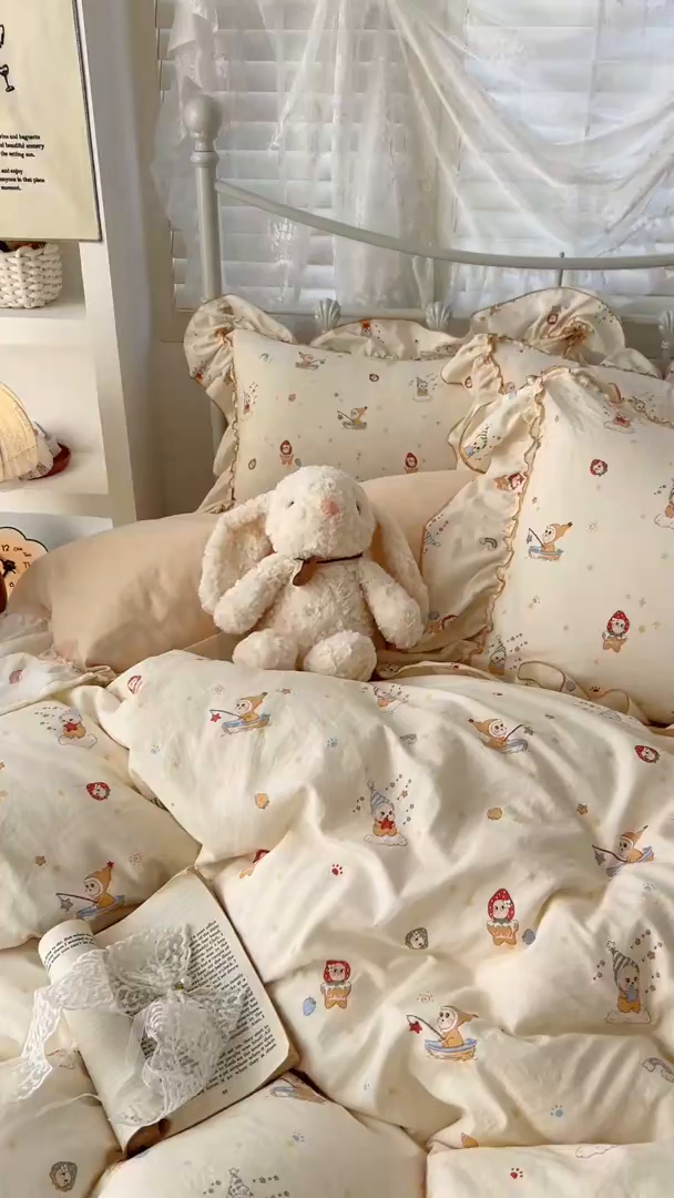 91家纺网 家纺一手货源 找家纺 梵克保罗 2026新款春款古法水洗仿棉云朵棉花边四件套 星星人