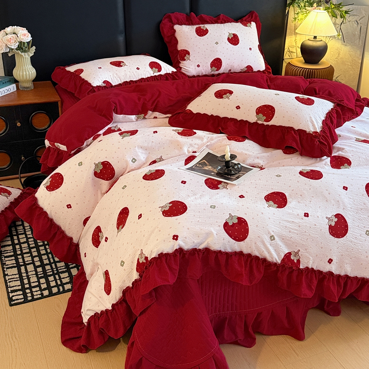 91家纺网 家纺一手货源 找家纺 （总）金梦拉家纺 2026新款云感皱皱纱泡泡纱韩式床盖大花边四件套