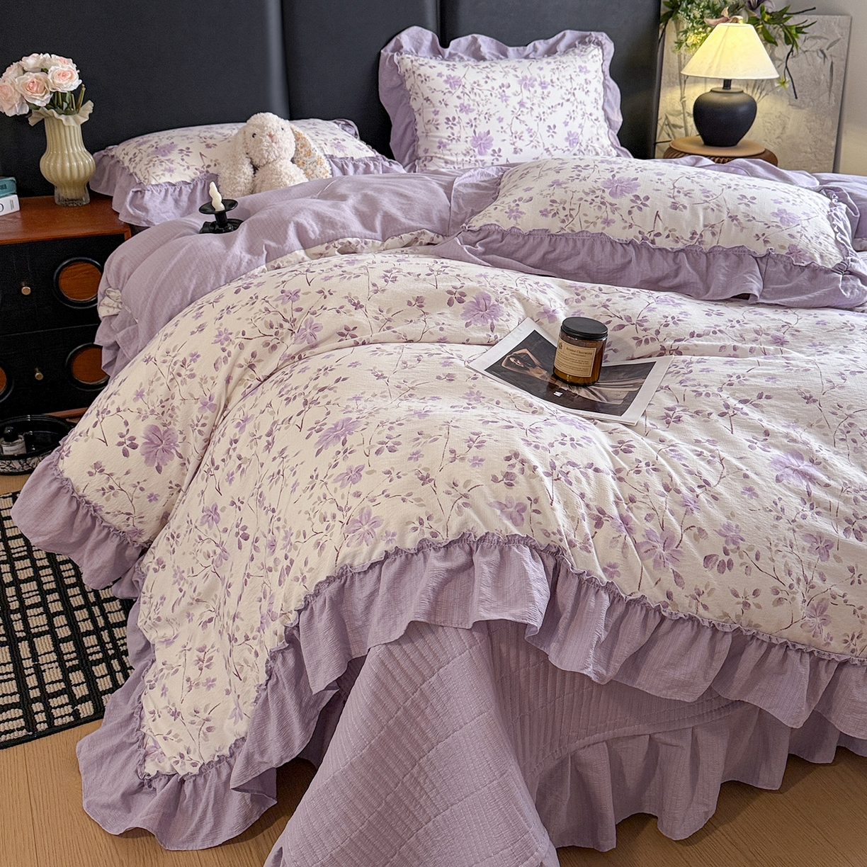 91家纺网 家纺一手货源 找家纺 （总）金梦拉家纺 2026新款云感皱皱纱泡泡纱韩式床盖大花边四件套