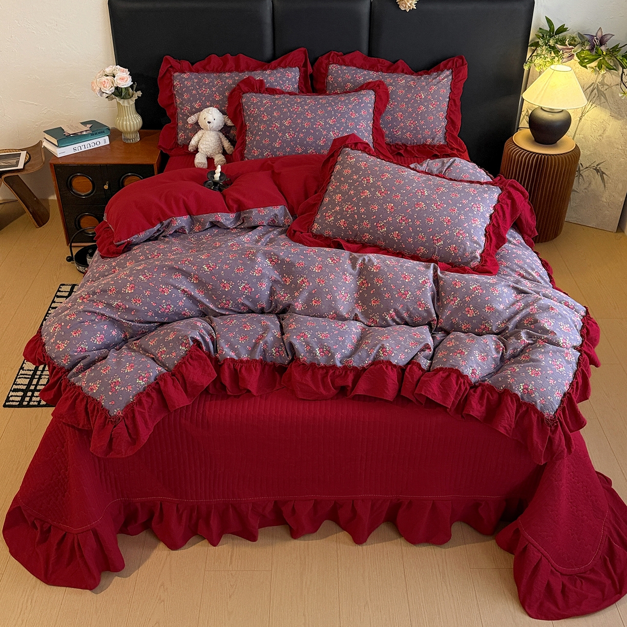 91家纺网 家纺一手货源 找家纺 金梦拉家纺 2026新款云感皱皱纱泡泡纱韩式床盖大花边四件套 海棠