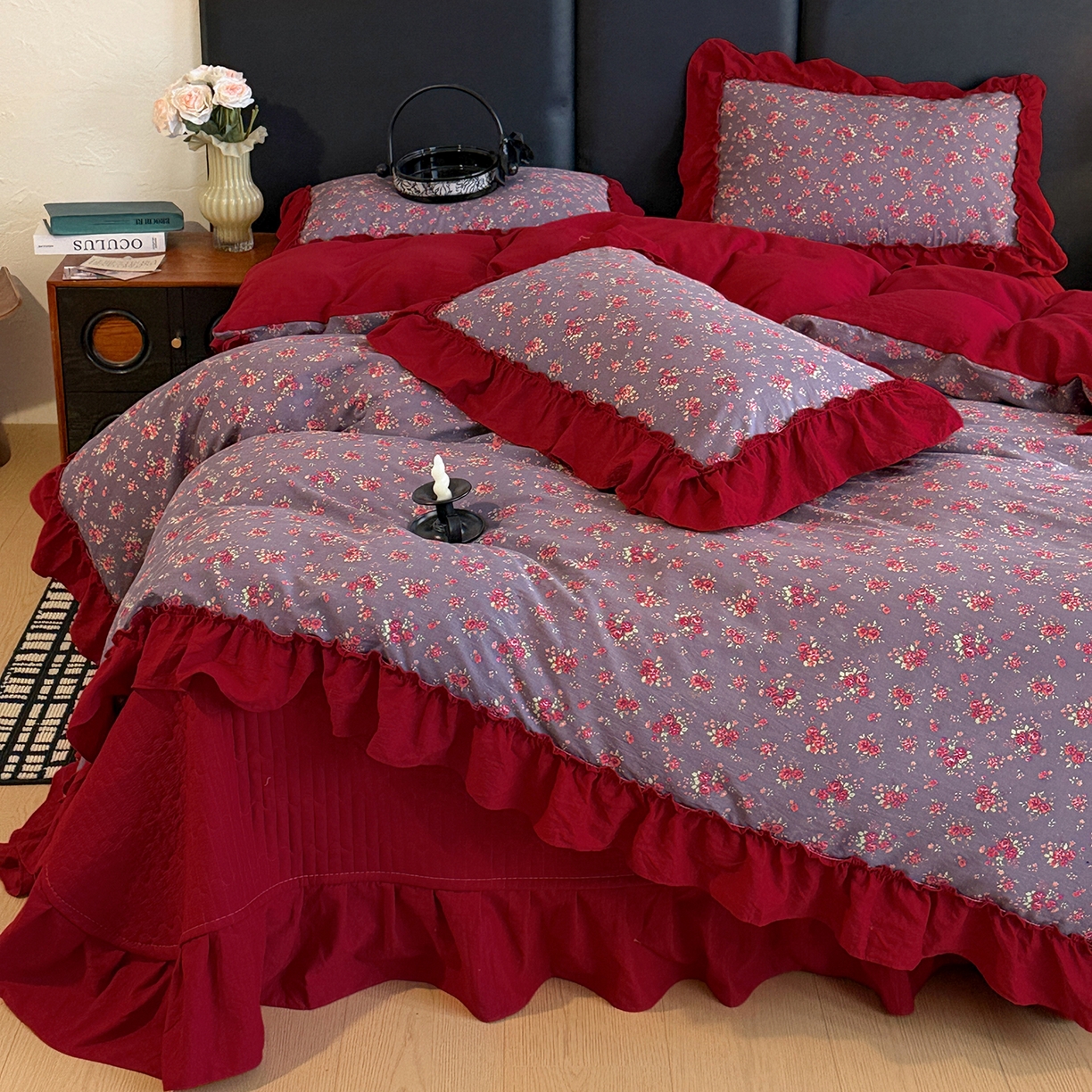 91家纺网 家纺一手货源 找家纺 金梦拉家纺 2026新款云感皱皱纱泡泡纱韩式床盖大花边四件套 海棠