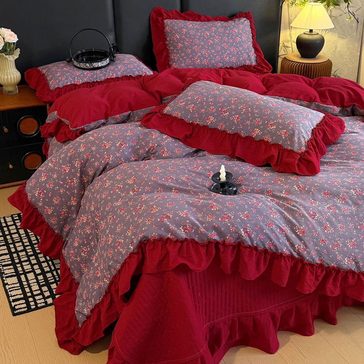 金梦拉家纺 2026新款云感皱皱纱泡泡纱韩式床盖大花边四件套 海棠