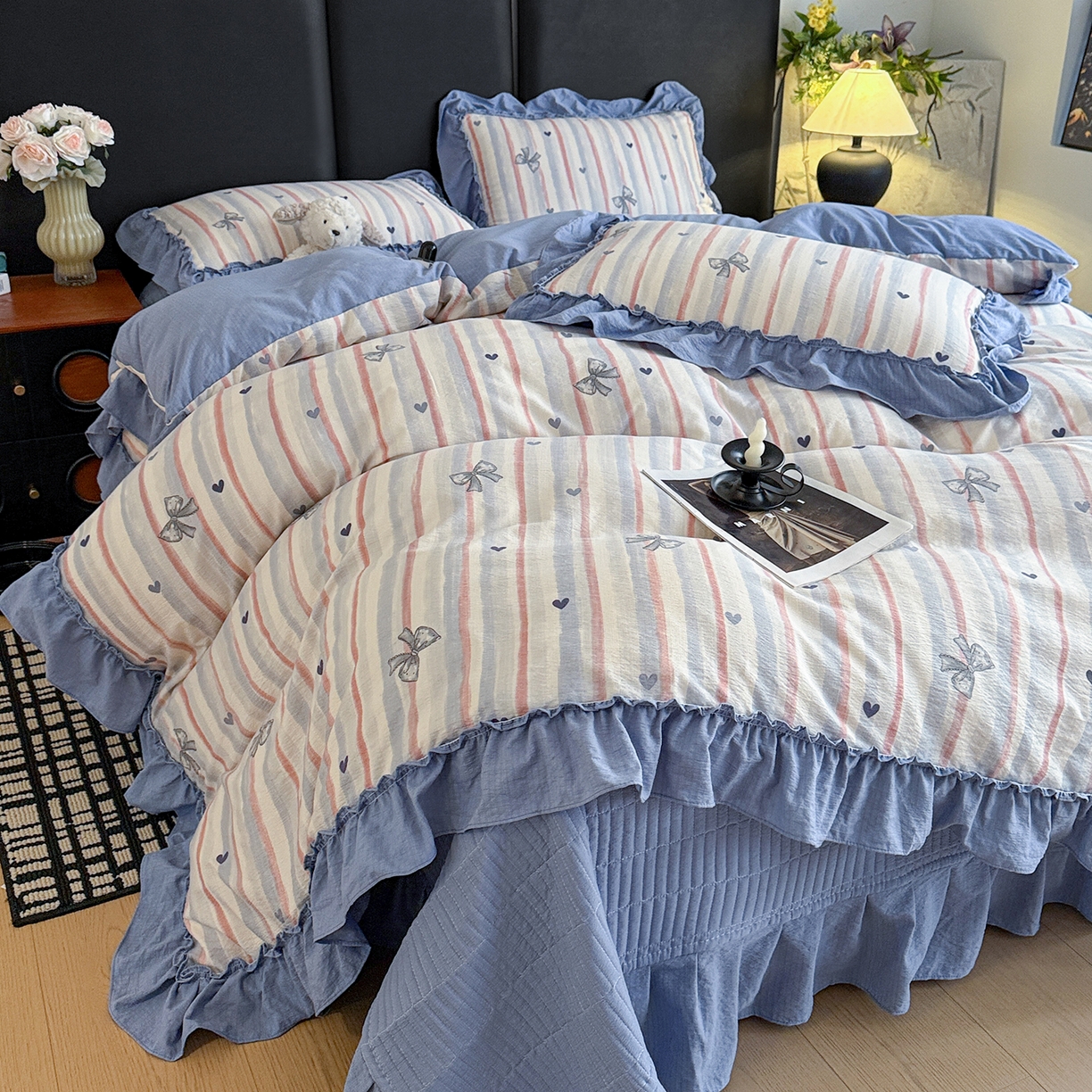 91家纺网 家纺一手货源 找家纺 （总）金梦拉家纺 2026新款云感皱皱纱泡泡纱韩式床盖大花边四件套