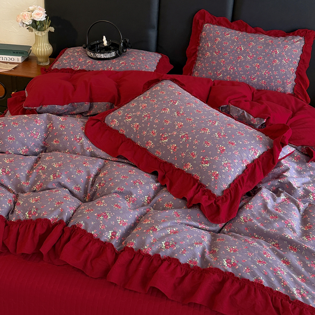 91家纺网 家纺一手货源 找家纺 金梦拉家纺 2026新款云感皱皱纱泡泡纱韩式床盖大花边四件套 海棠