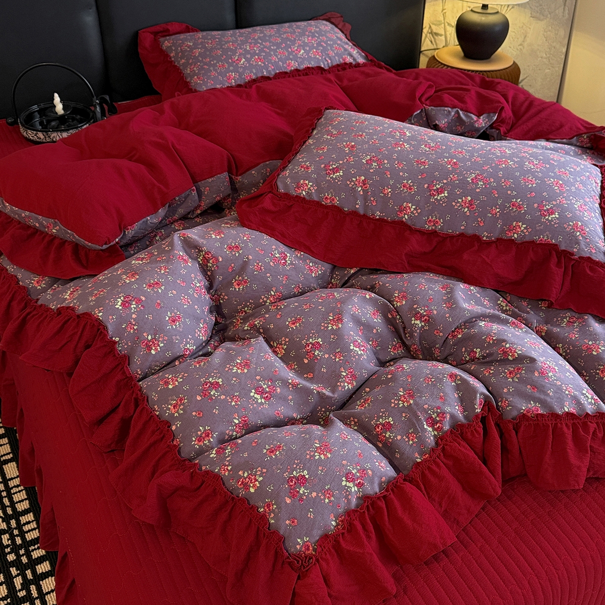 91家纺网 家纺一手货源 找家纺 金梦拉家纺 2026新款云感皱皱纱泡泡纱韩式床盖大花边四件套 海棠