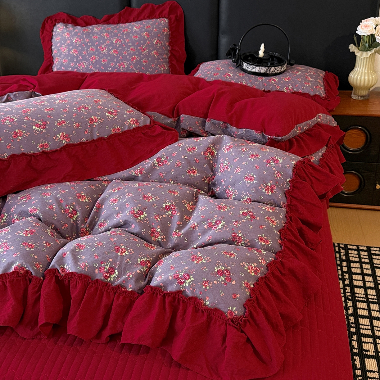 91家纺网 家纺一手货源 找家纺 金梦拉家纺 2026新款云感皱皱纱泡泡纱韩式床盖大花边四件套 海棠