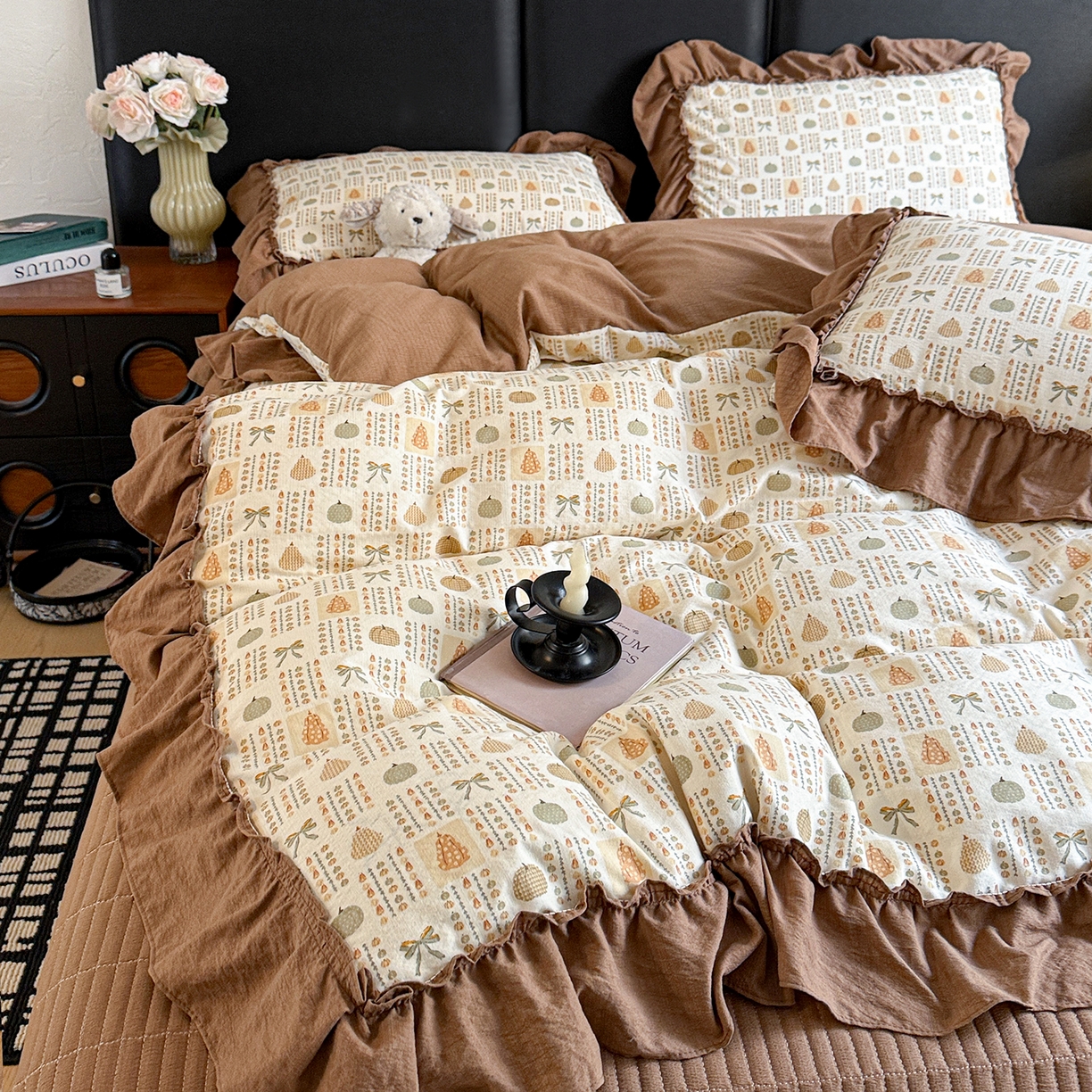 91家纺网 家纺一手货源 找家纺 金梦拉家纺 2026新款云感皱皱纱泡泡纱韩式床盖大花边四件套 南瓜多多