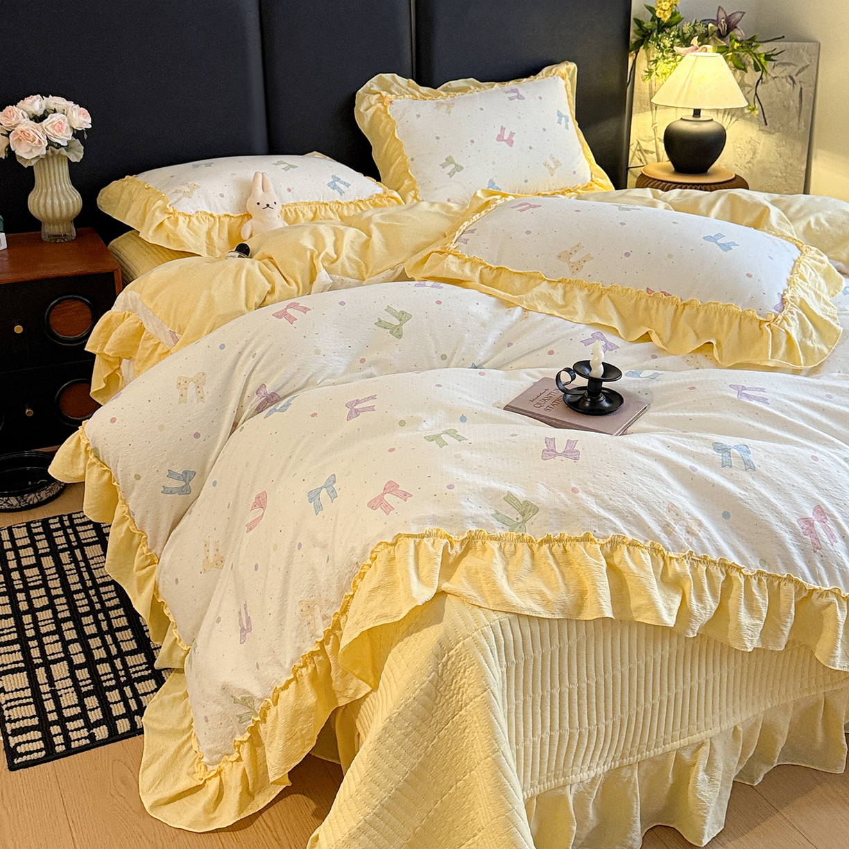 金梦拉家纺 2026新款云感皱皱纱泡泡纱韩式床盖大花边四件套 柠檬蝴蝶结