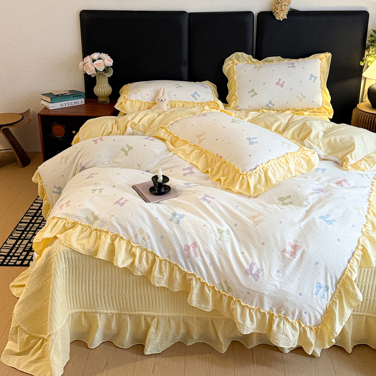 91家纺网 家纺一手货源 找家纺 金梦拉家纺 2026新款云感皱皱纱泡泡纱韩式床盖大花边四件套 柠檬蝴蝶结