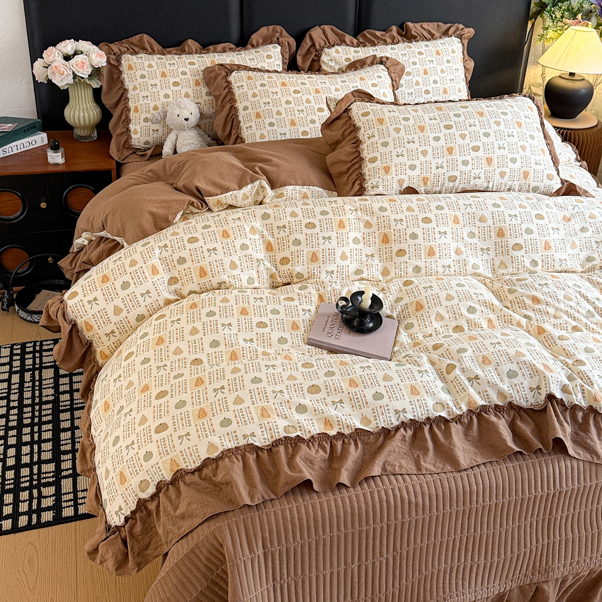 91家纺网 家纺一手货源 找家纺 金梦拉家纺 2026新款云感皱皱纱泡泡纱韩式床盖大花边四件套 南瓜多多