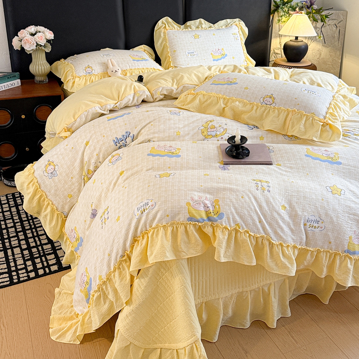 金梦拉家纺 2026新款云感皱皱纱泡泡纱韩式床盖大花边四件套 可爱萌物