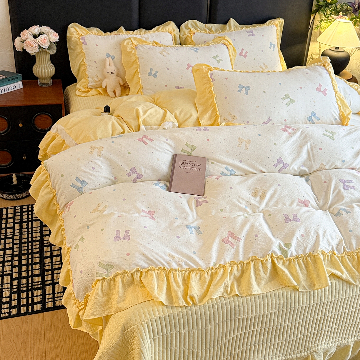 91家纺网 家纺一手货源 找家纺 金梦拉家纺 2026新款云感皱皱纱泡泡纱韩式床盖大花边四件套 柠檬蝴蝶结