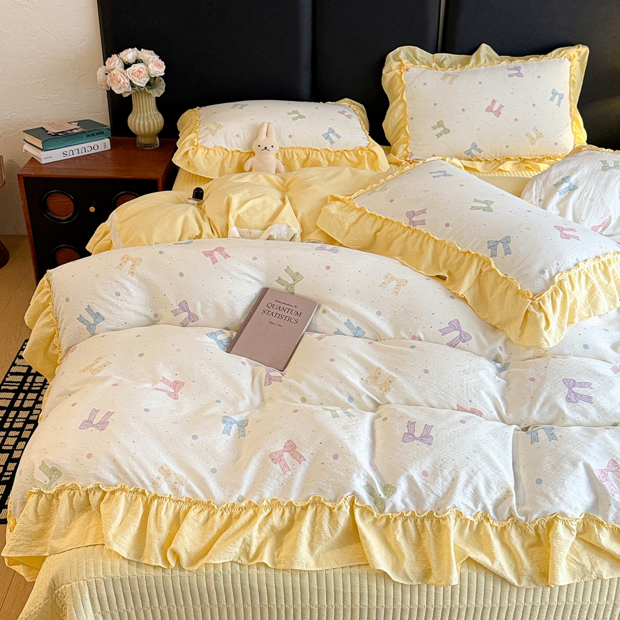 91家纺网 家纺一手货源 找家纺 金梦拉家纺 2026新款云感皱皱纱泡泡纱韩式床盖大花边四件套 柠檬蝴蝶结