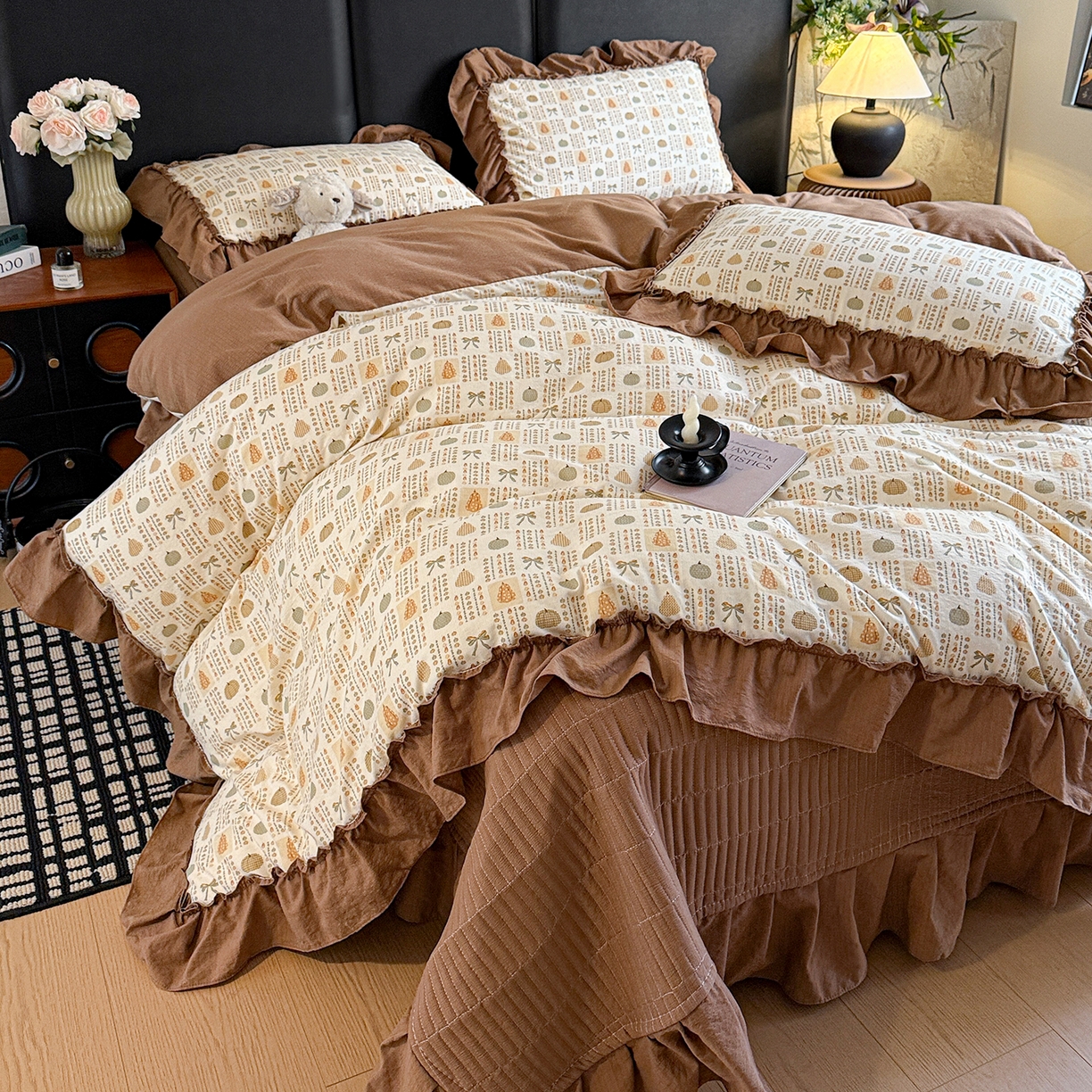 金梦拉家纺 2026新款云感皱皱纱泡泡纱韩式床盖大花边四件套 南瓜多多