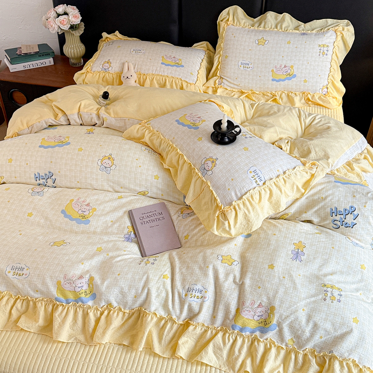 91家纺网 家纺一手货源 找家纺 金梦拉家纺 2026新款云感皱皱纱泡泡纱韩式床盖大花边四件套 可爱萌物