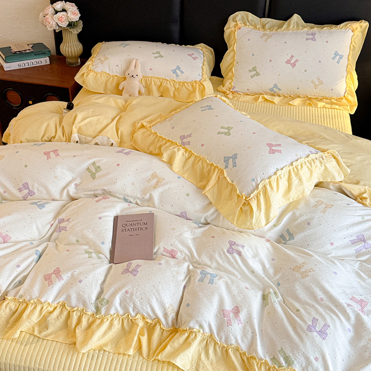 91家纺网 家纺一手货源 找家纺 金梦拉家纺 2026新款云感皱皱纱泡泡纱韩式床盖大花边四件套 柠檬蝴蝶结