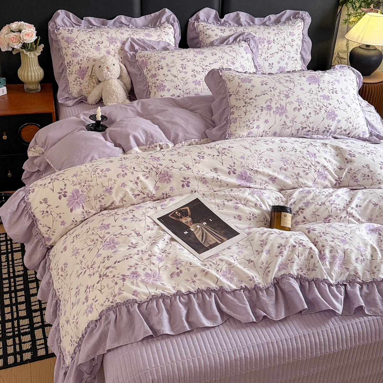 91家纺网 家纺一手货源 找家纺 金梦拉家纺 2026新款云感皱皱纱泡泡纱韩式床盖大花边四件套 紫韵