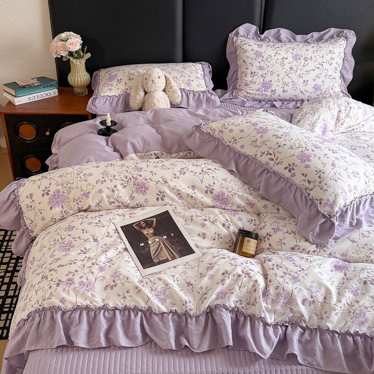 91家纺网 家纺一手货源 找家纺 金梦拉家纺 2026新款云感皱皱纱泡泡纱韩式床盖大花边四件套 紫韵