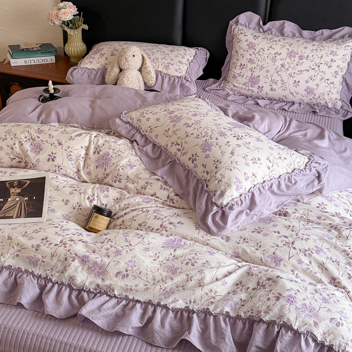 91家纺网 家纺一手货源 找家纺 金梦拉家纺 2026新款云感皱皱纱泡泡纱韩式床盖大花边四件套 紫韵