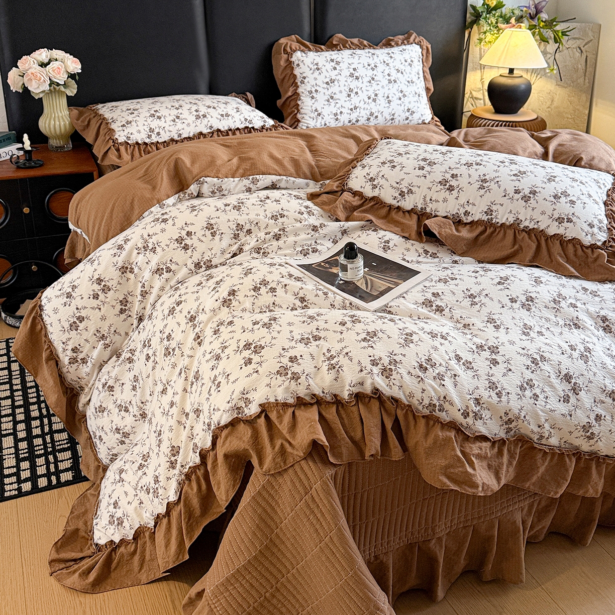 金梦拉家纺 2026新款云感皱皱纱泡泡纱韩式床盖大花边四件套 素韵