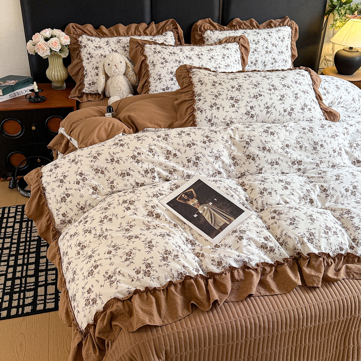 91家纺网 家纺一手货源 找家纺 金梦拉家纺 2026新款云感皱皱纱泡泡纱韩式床盖大花边四件套 素韵