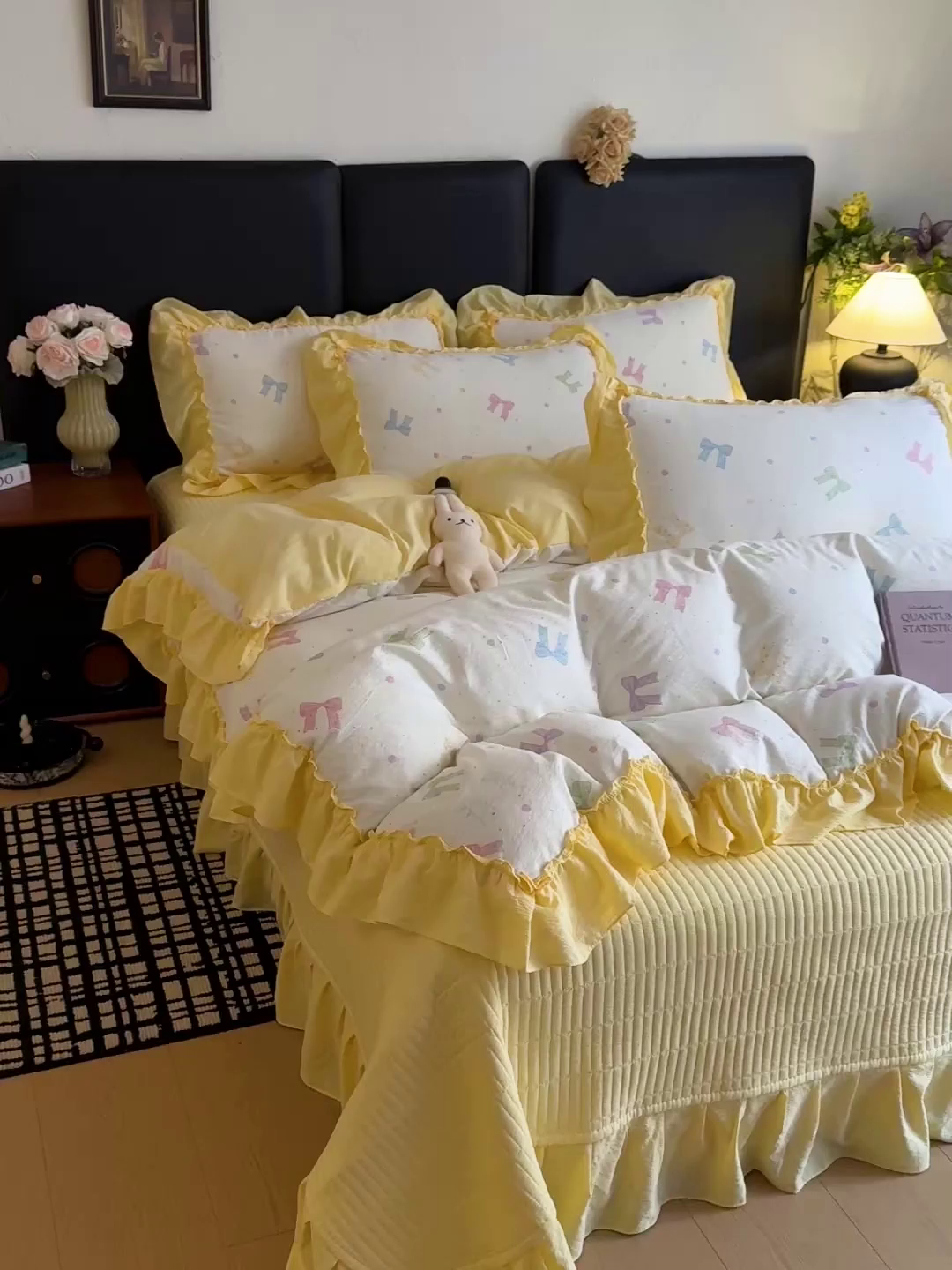 91家纺网 家纺一手货源 找家纺 金梦拉家纺 2026新款云感皱皱纱泡泡纱韩式床盖大花边四件套 柠檬蝴蝶结