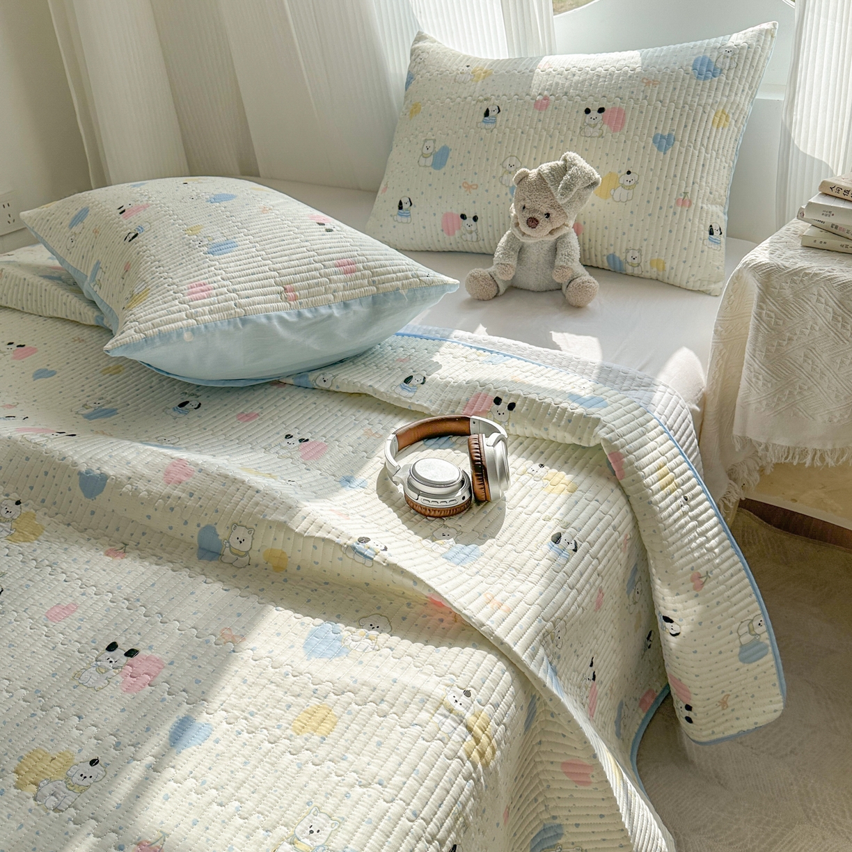 91家纺网 家纺一手货源 找家纺 KA家纺 2026春夏新款全棉印花小清新床盖三件套 第二波 心心狗