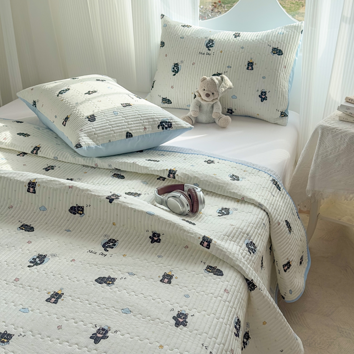 KA家纺 2026春夏新款全棉印花小清新床盖三件套 第二波 贪睡猫