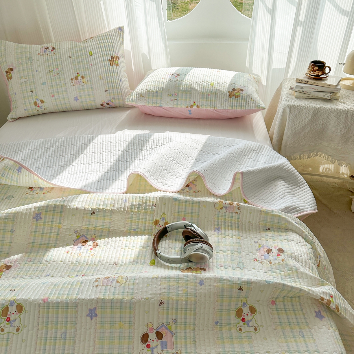 91家纺网 家纺一手货源 找家纺 KA家纺 2026春夏新款全棉印花小清新床盖三件套 第二波 格子小狗