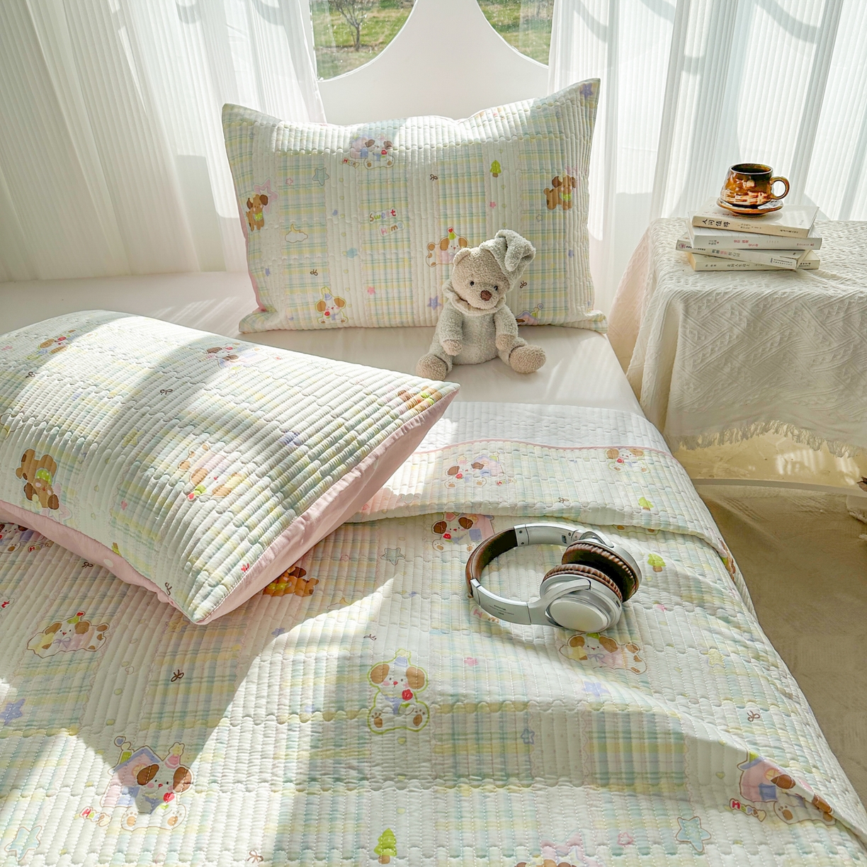 91家纺网 家纺一手货源 找家纺 KA家纺 2026春夏新款全棉印花小清新床盖三件套 第二波 格子小狗