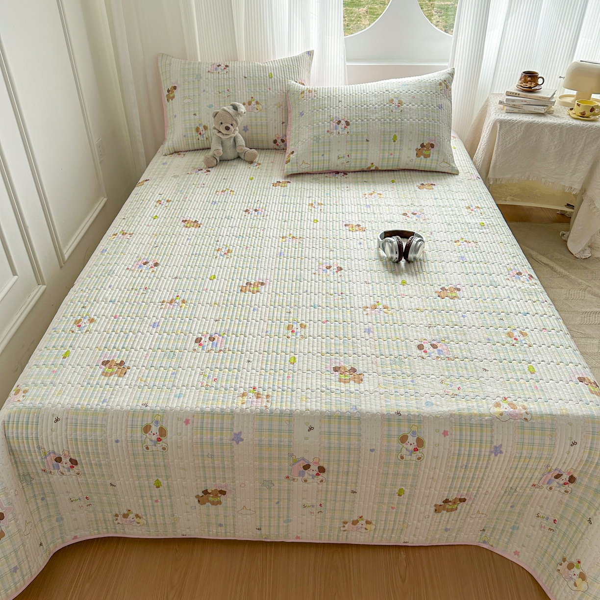 91家纺网 家纺一手货源 找家纺 KA家纺 2026春夏新款全棉印花小清新床盖三件套 第二波 格子小狗