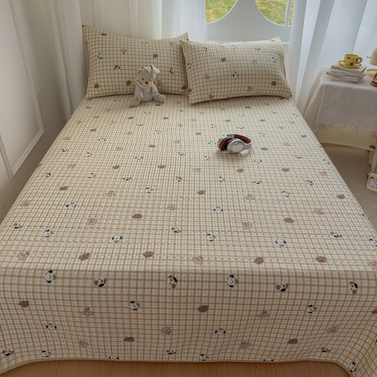 91家纺网 家纺一手货源 找家纺 KA家纺 2026春夏新款全棉印花小清新床盖三件套 第二波 曲奇小狗