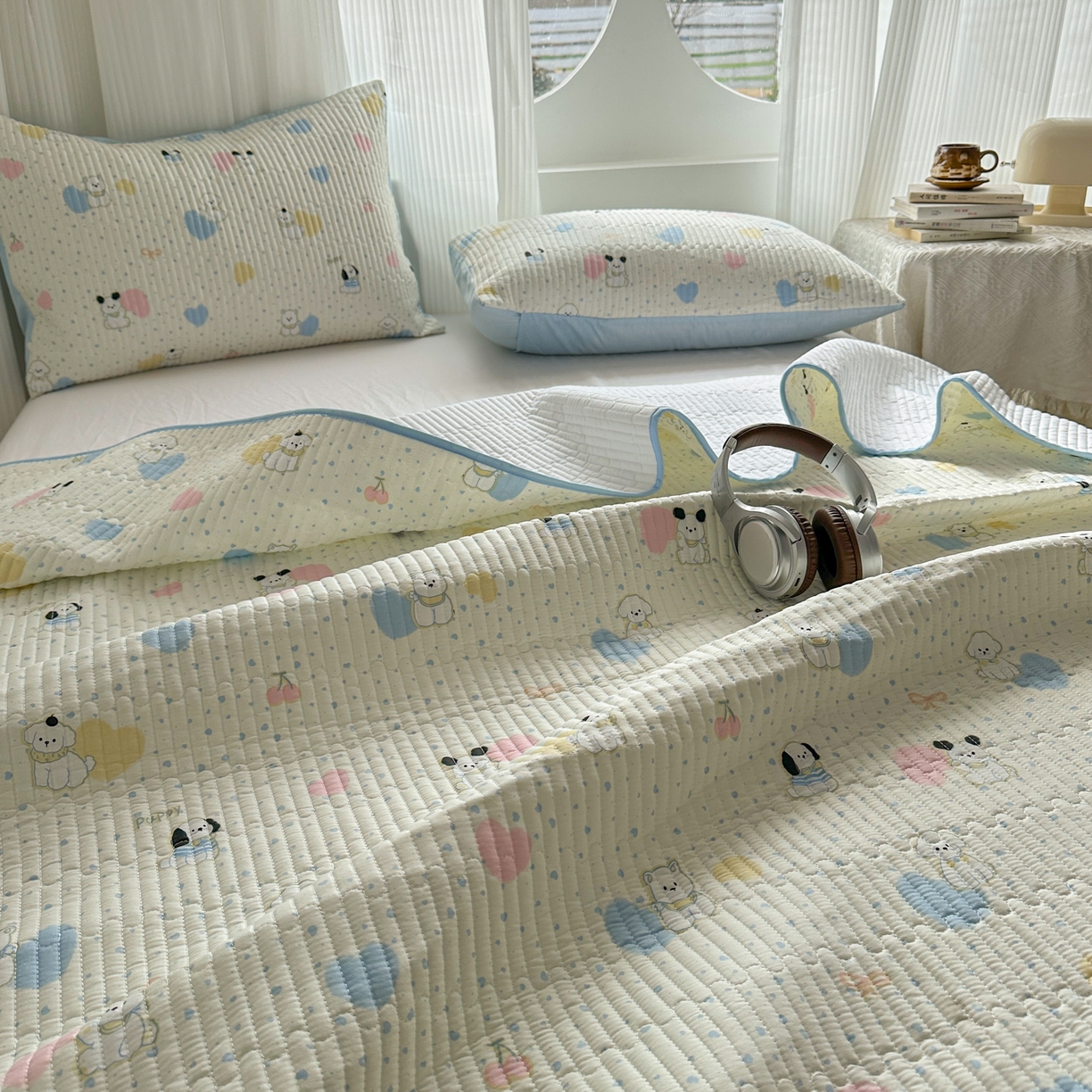 91家纺网 家纺一手货源 找家纺 KA家纺 2026春夏新款全棉印花小清新床盖三件套 第二波 心心狗