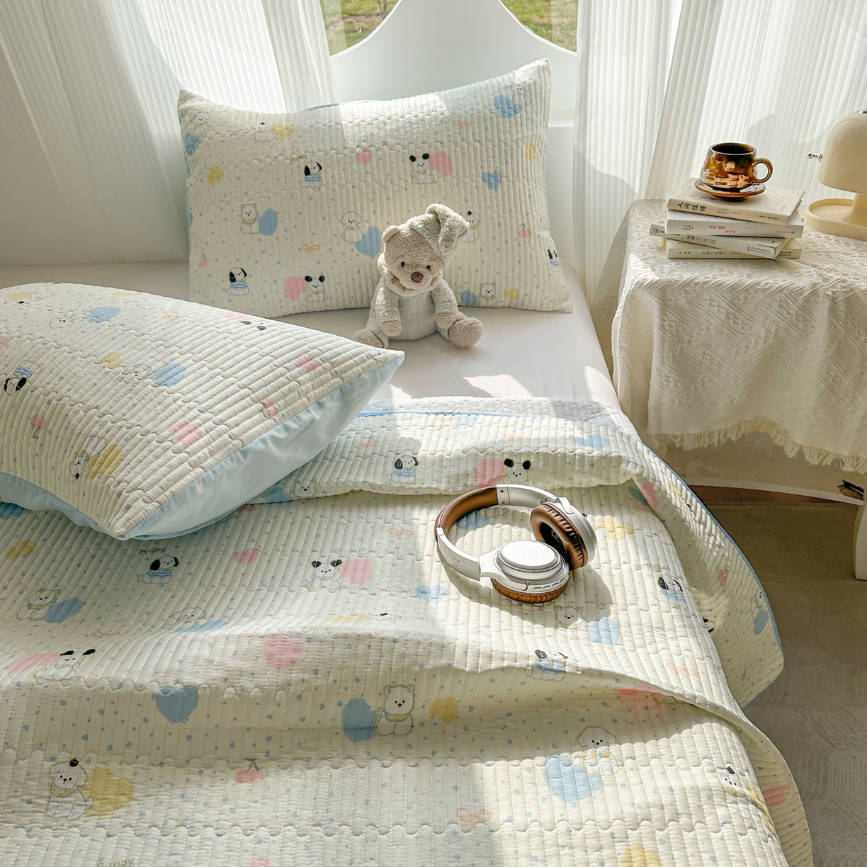 91家纺网 家纺一手货源 找家纺 KA家纺 2026春夏新款全棉印花小清新床盖三件套 第二波 心心狗